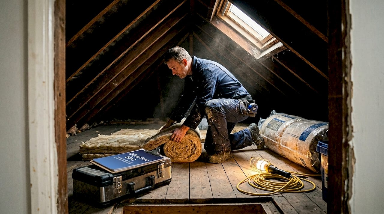 Installer adds insulation in London home attic