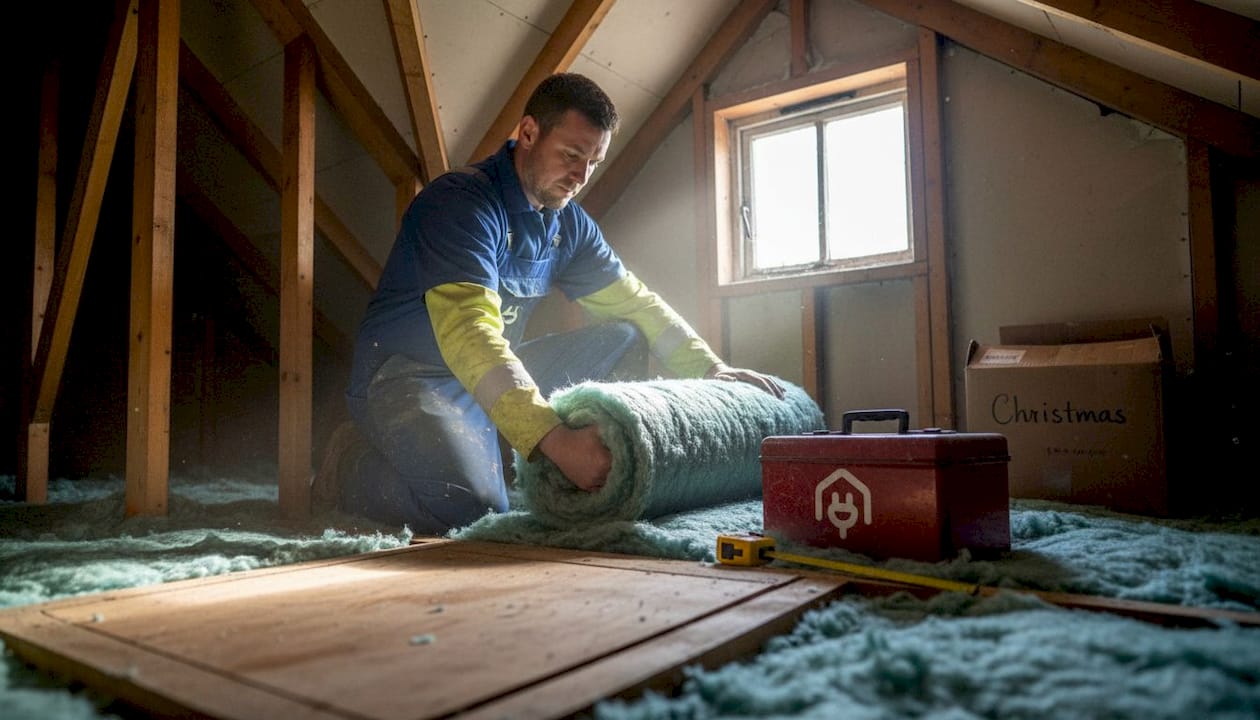 Installer fitting insulation in UK home attic