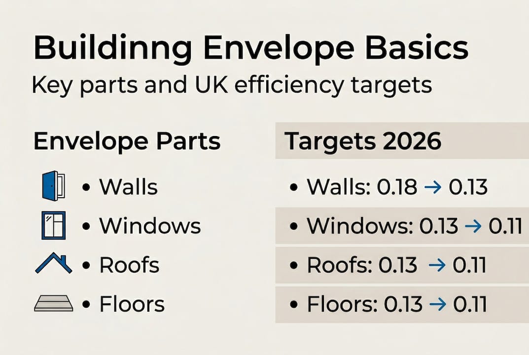 Building envelope infographic with parts and targets
