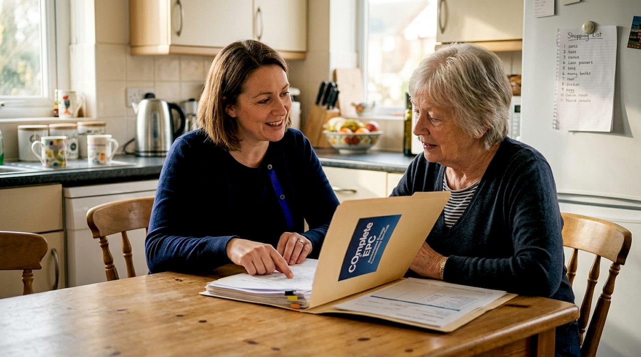 Assessor and homeowner discussing energy report