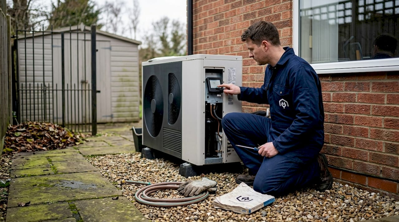 Technician servicing air source heat pump