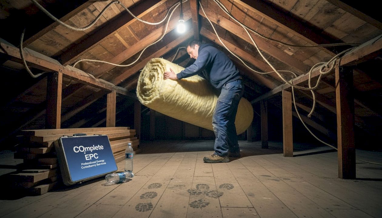 Tradesperson installing loft insulation in attic