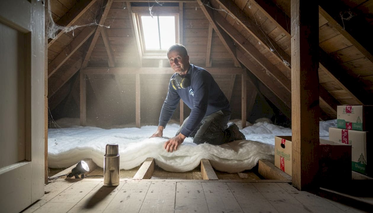 Installer fits insulation in older UK attic