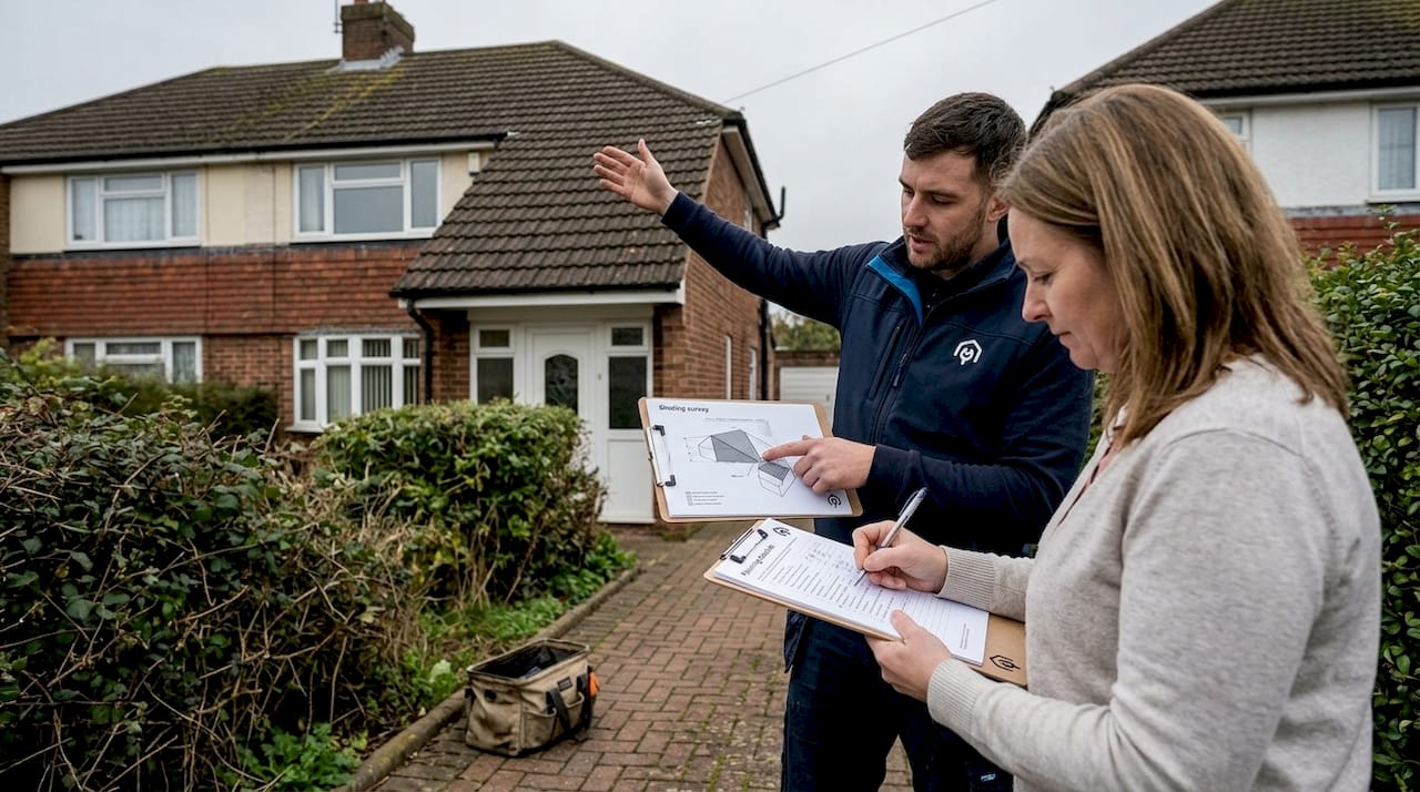 Installer reviews solar panel options with homeowner