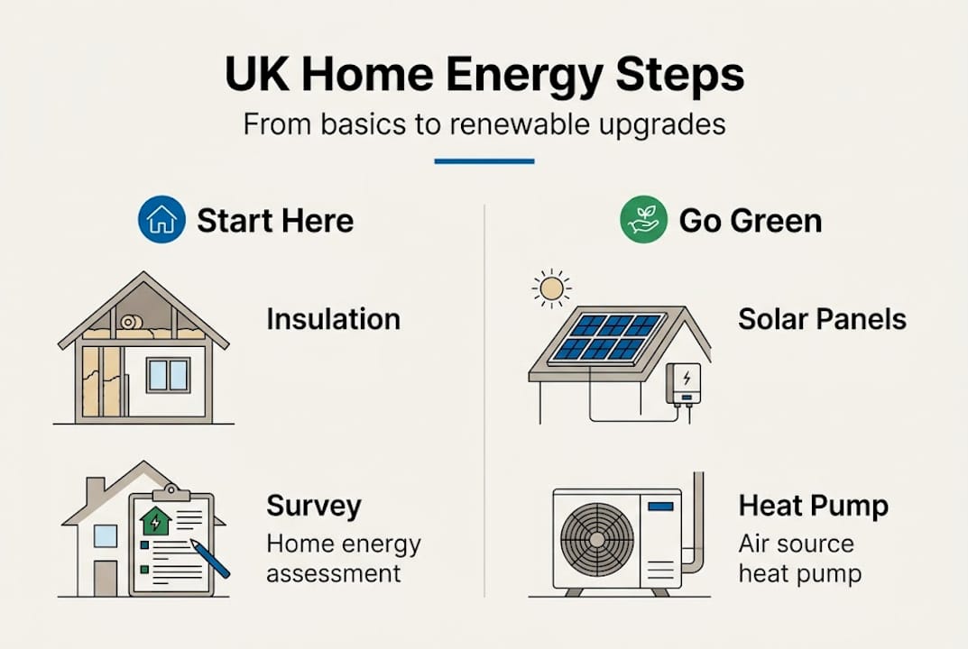 Infographic showing steps for UK home energy upgrades