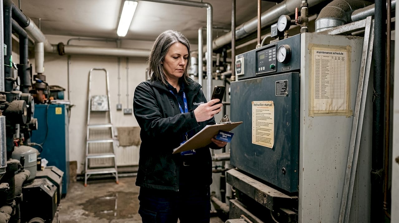 Facilities manager documenting boiler for assessment