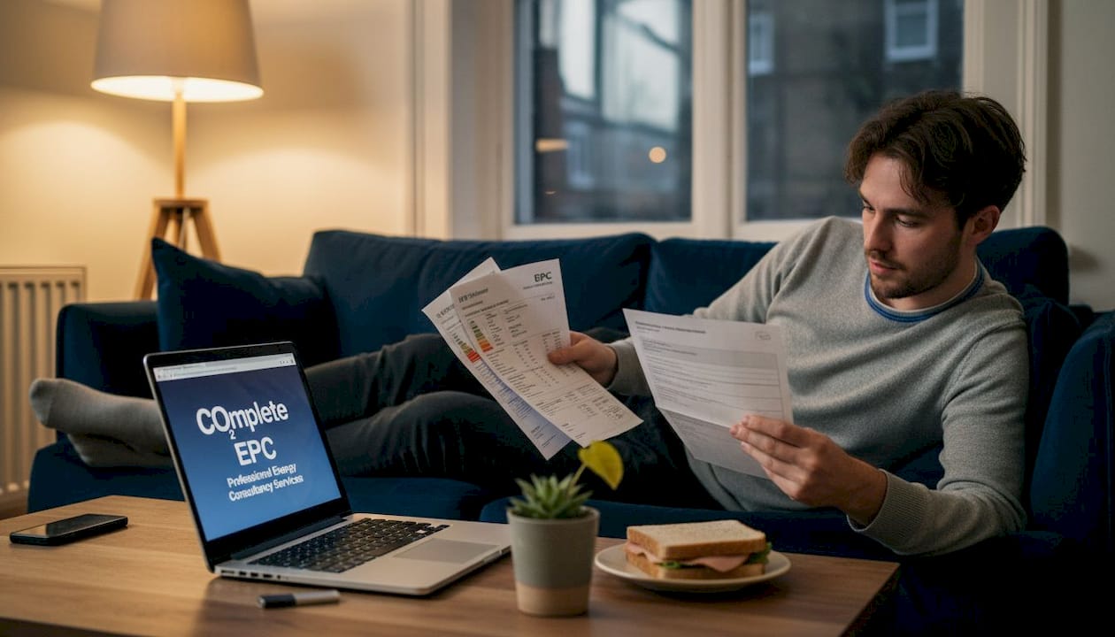 Tenant checking EPC and energy bills in flat