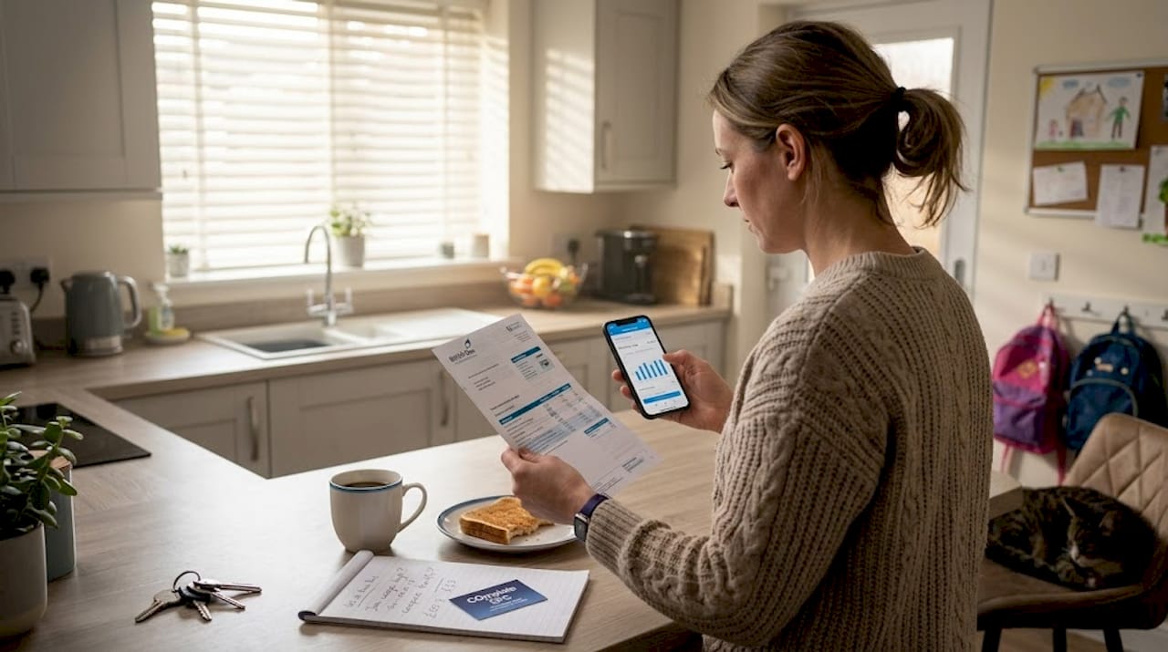Person checks energy bill in bright kitchen