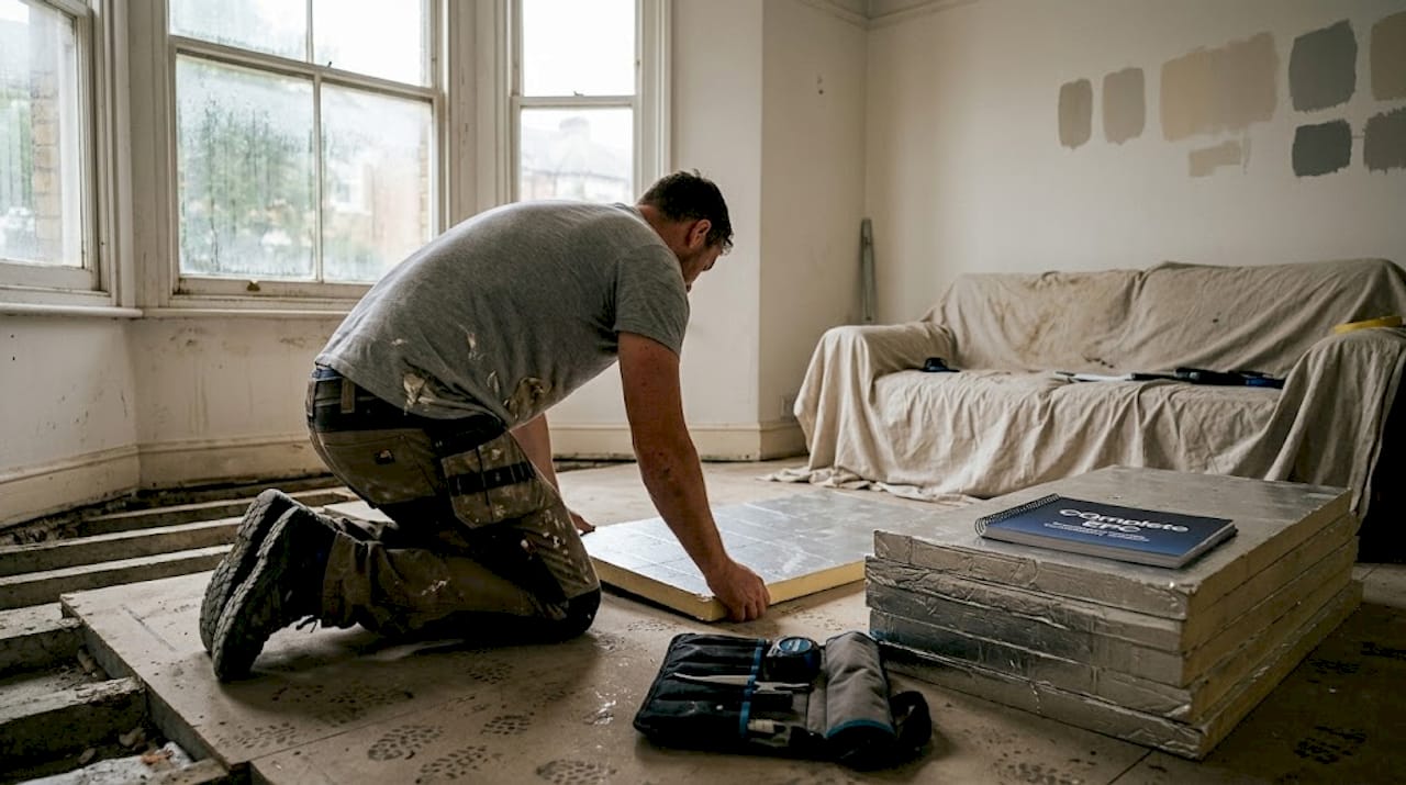 Installer fitting rigid floor insulation boards