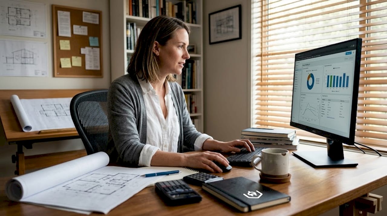Architect using software for home energy calculations
