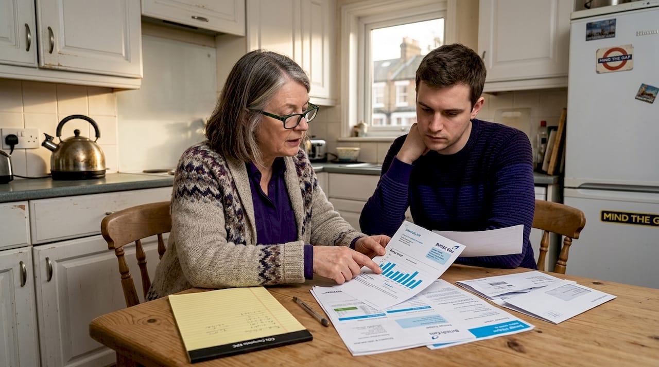 Landlord reviews energy bills at kitchen table