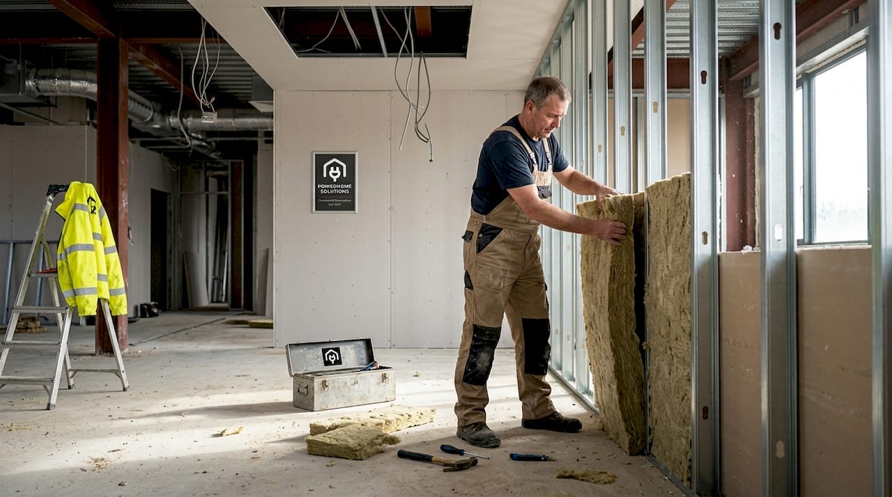 Contractor installing insulation in commercial building