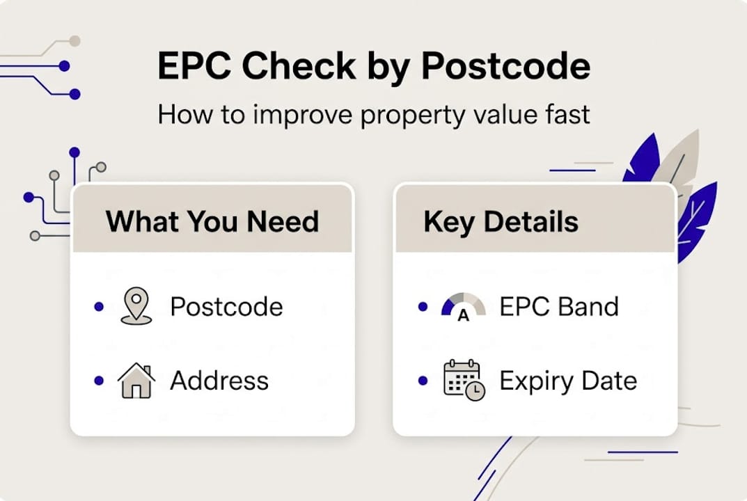 Infographic showing EPC check steps by postcode