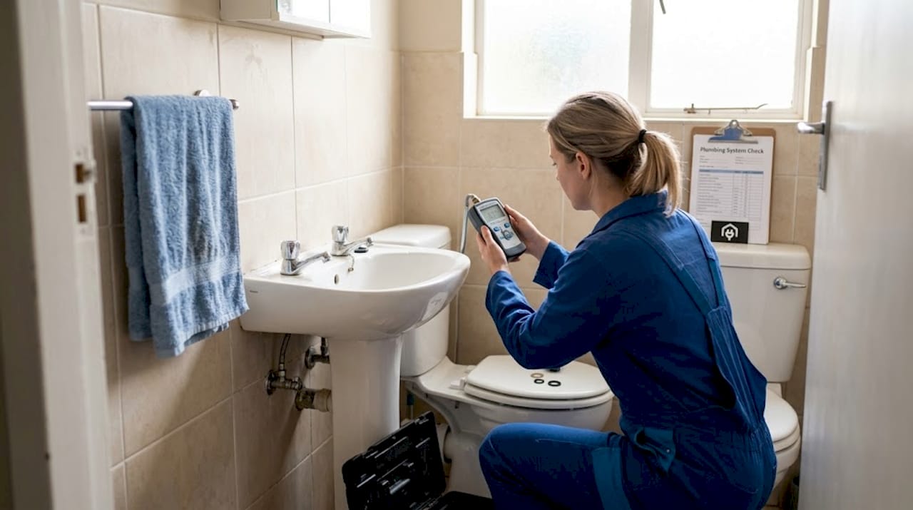 Plumber measuring water flow in bathroom