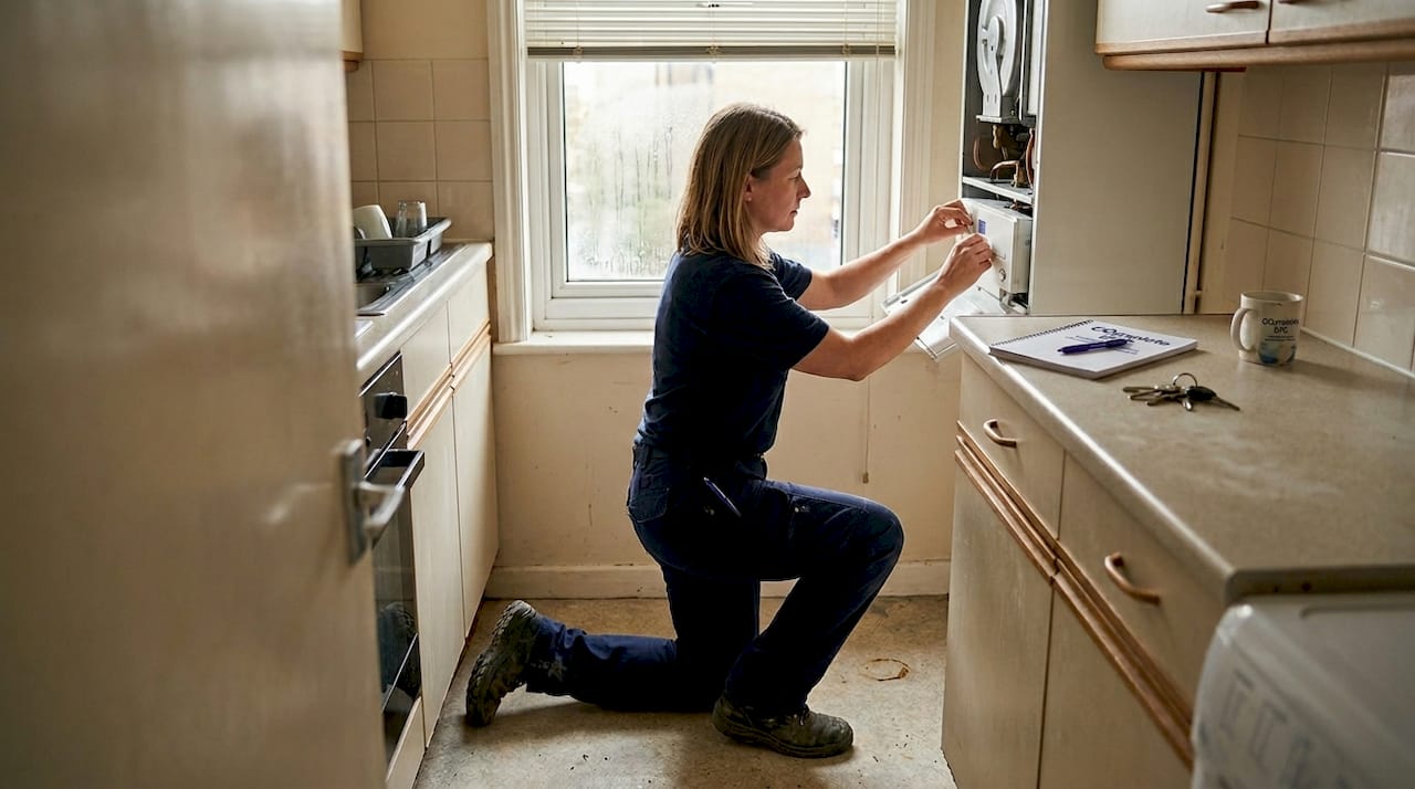 Assessor inspecting kitchen boiler EPC