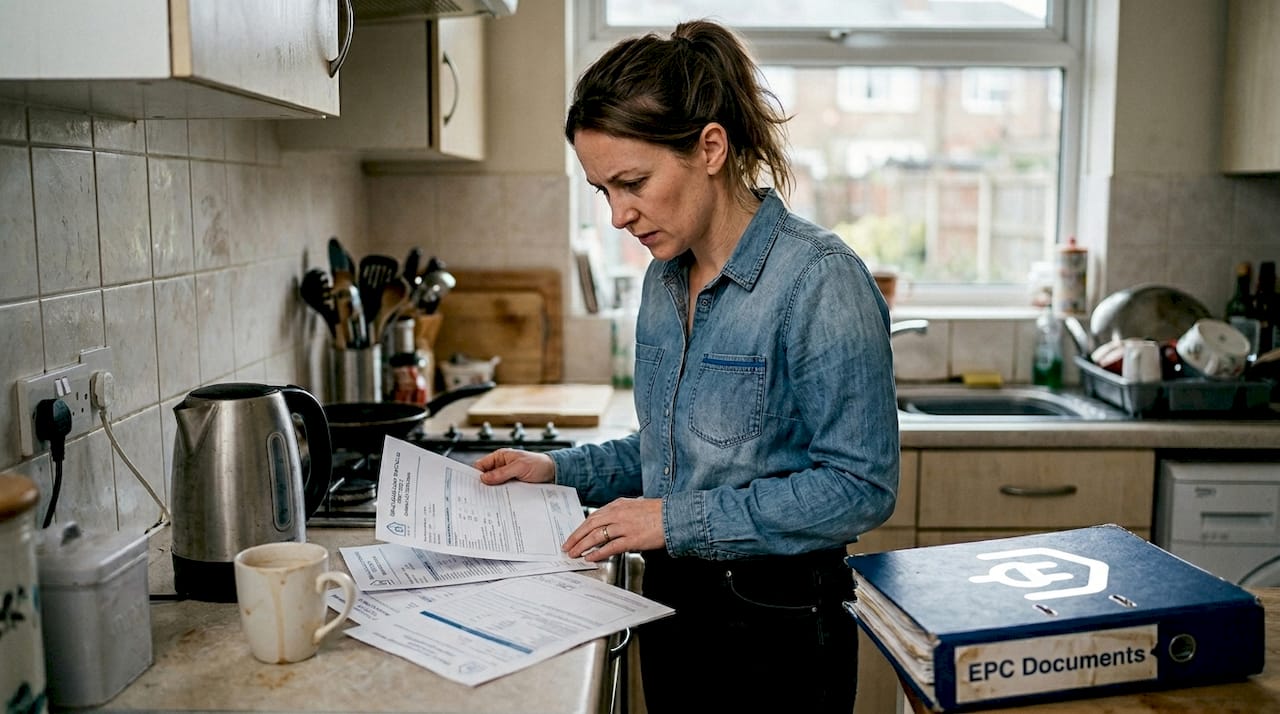 Landlord preparing EPC paperwork in kitchen