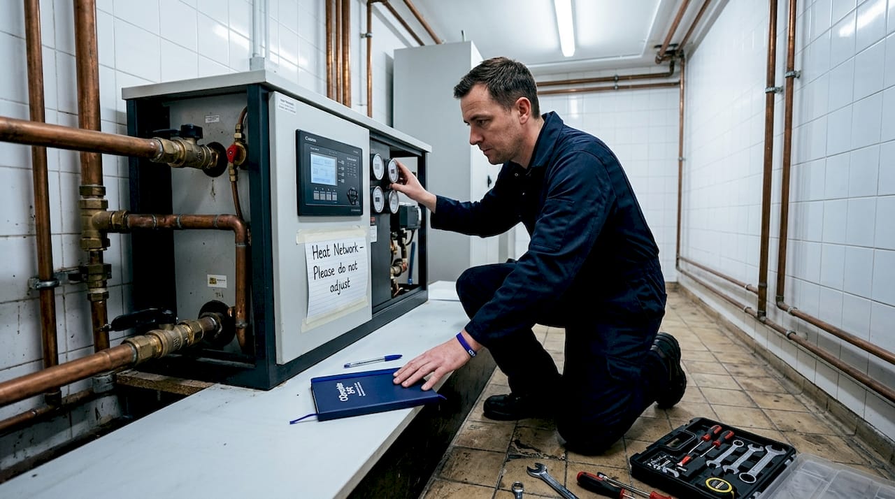 Technician checks heat network system London