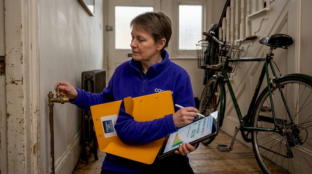 EPC assessor checking radiator in London hallway