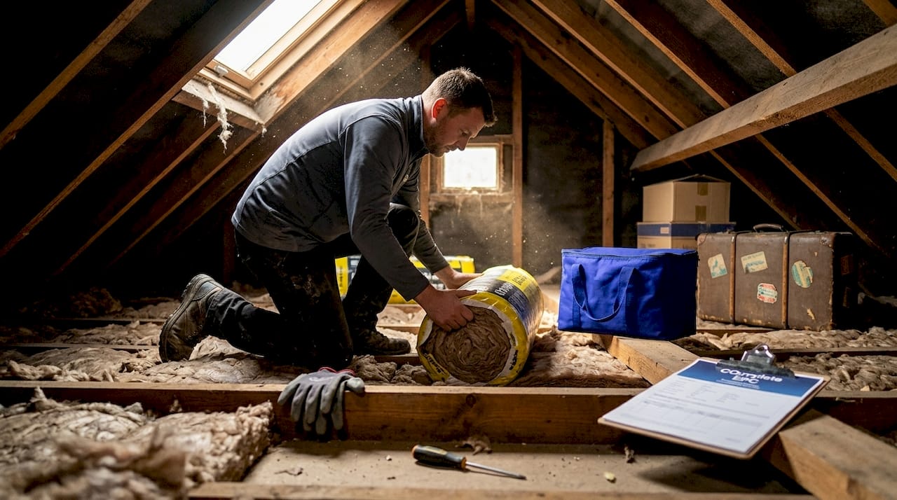 Contractor unrolling loft insulation in attic