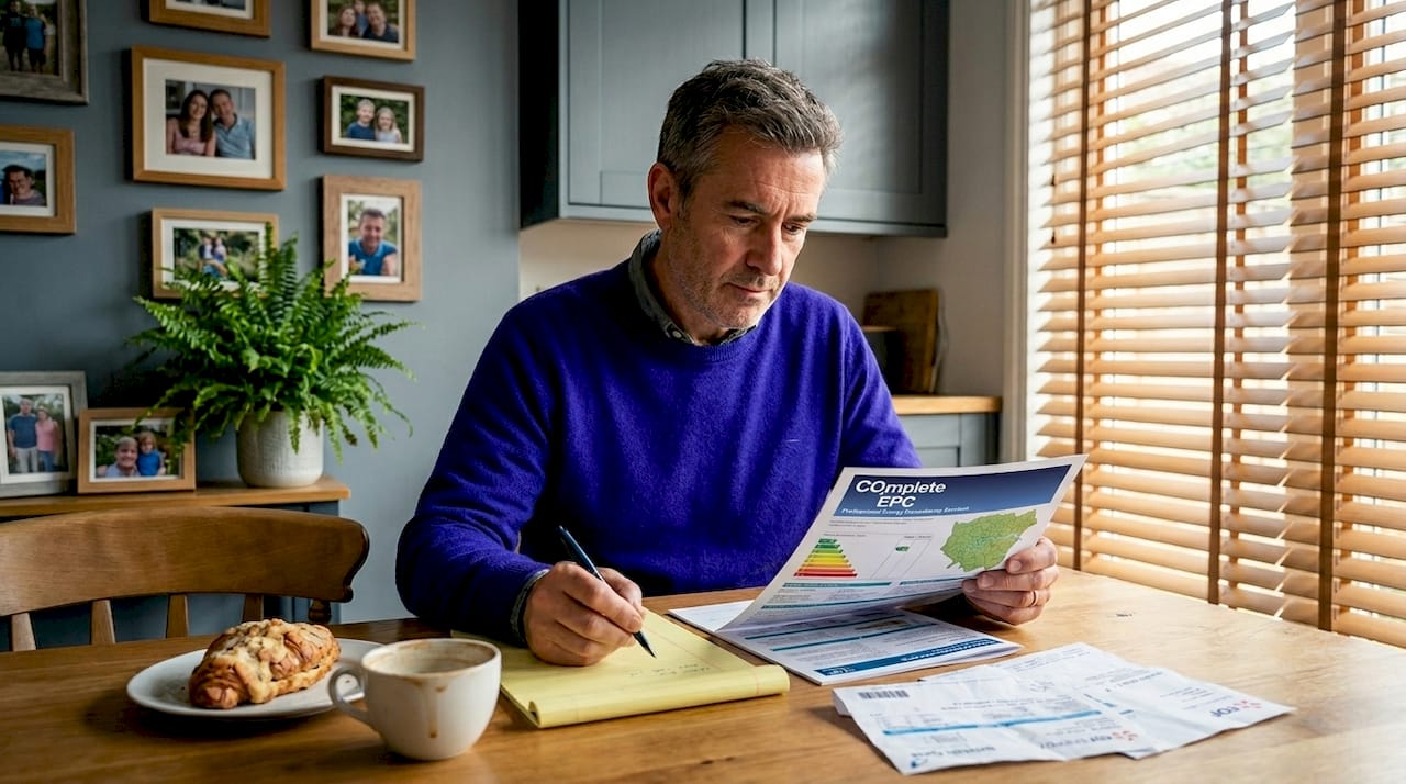 Homeowner reviews EPC report at kitchen table