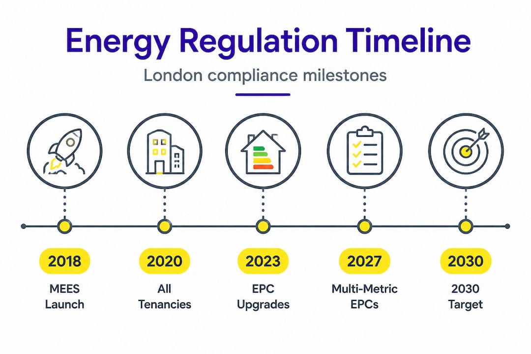 Infographic outlining London energy law timeline