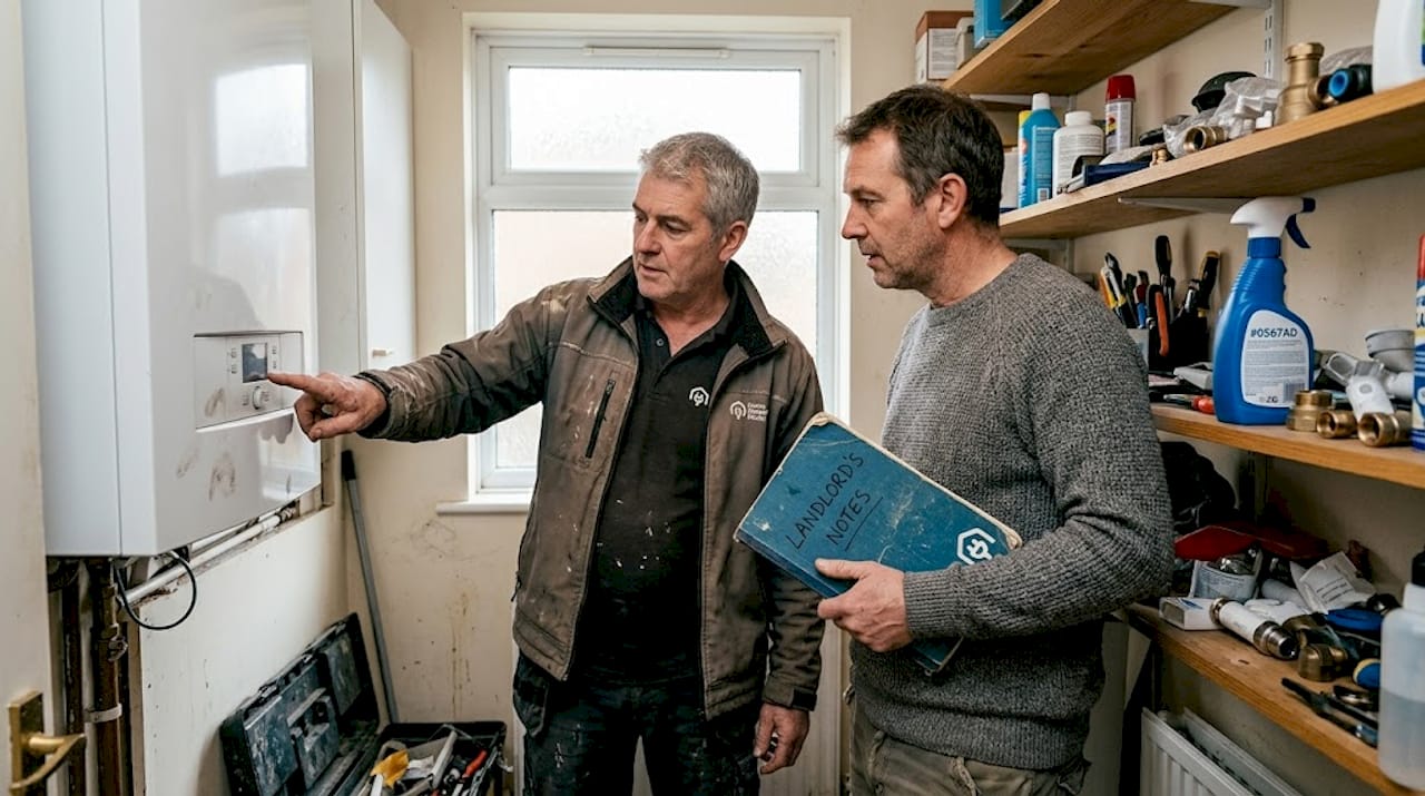 Engineer demonstrating heat pump controls in home