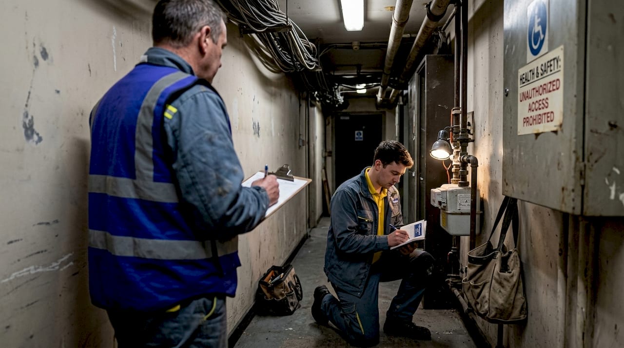 Energy assessor checking plant room meter