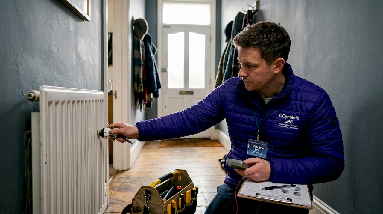 EPC assessor inspecting radiator in hallway