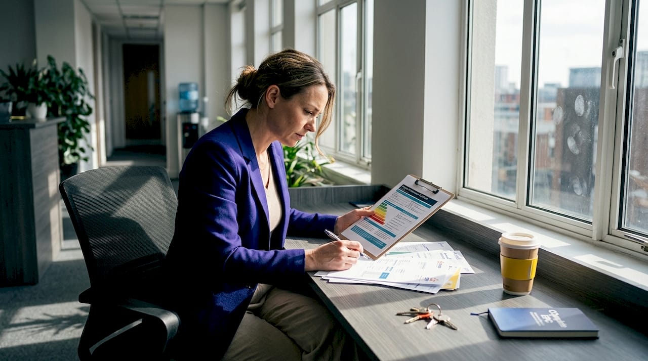 Landlord reviews EPC certificate in reception area