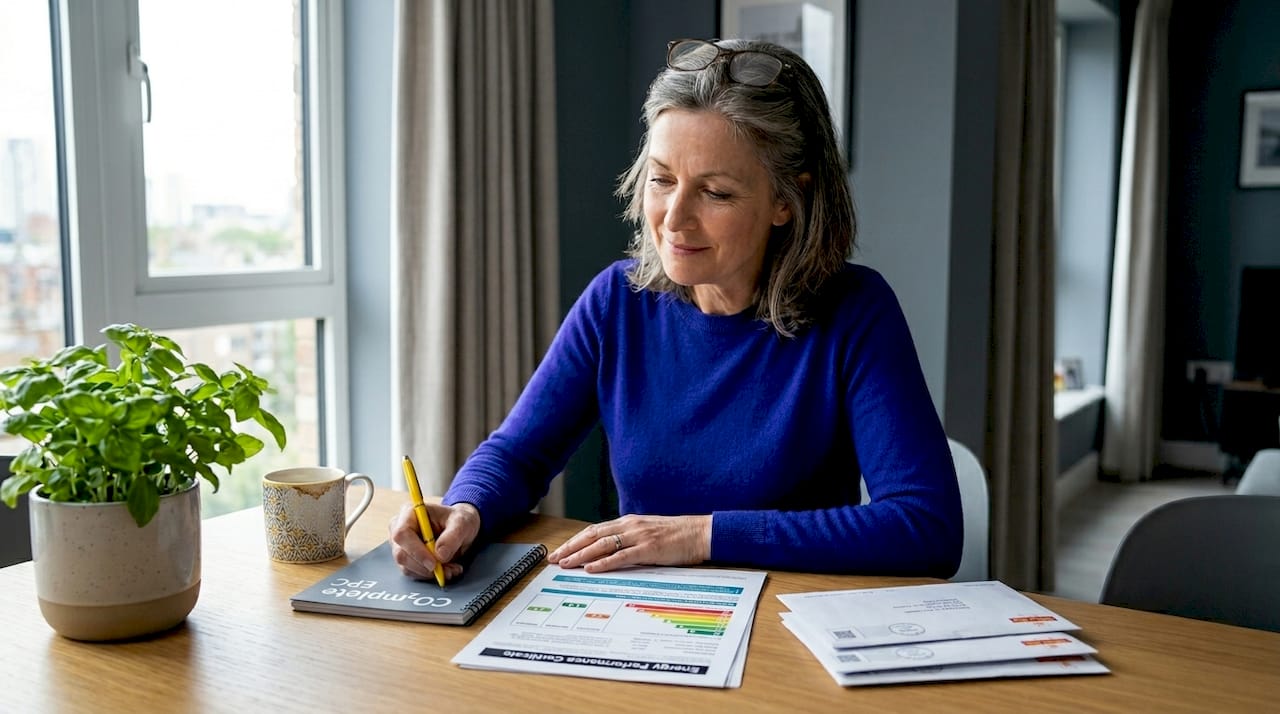Woman reviewing EPC paperwork at dining table