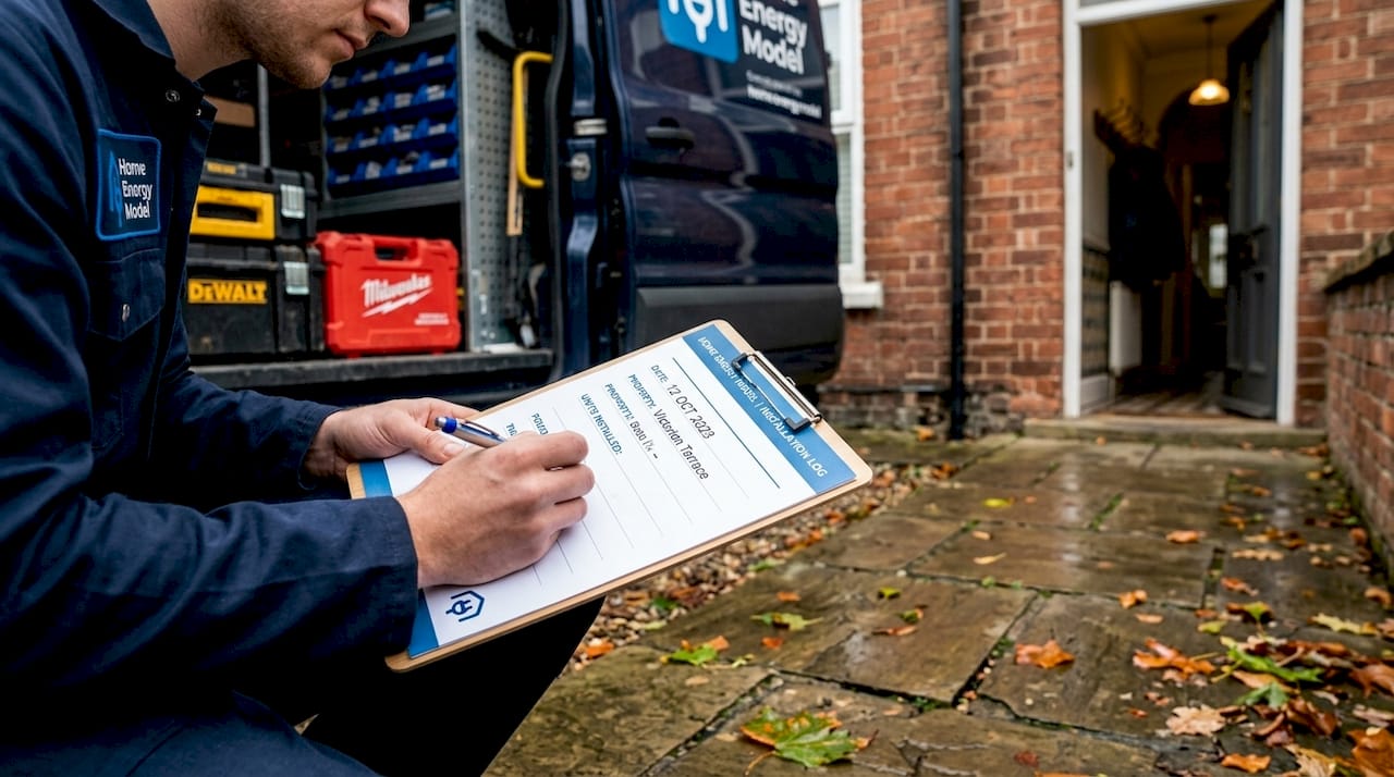 Installer documenting heat pump installation outside UK home