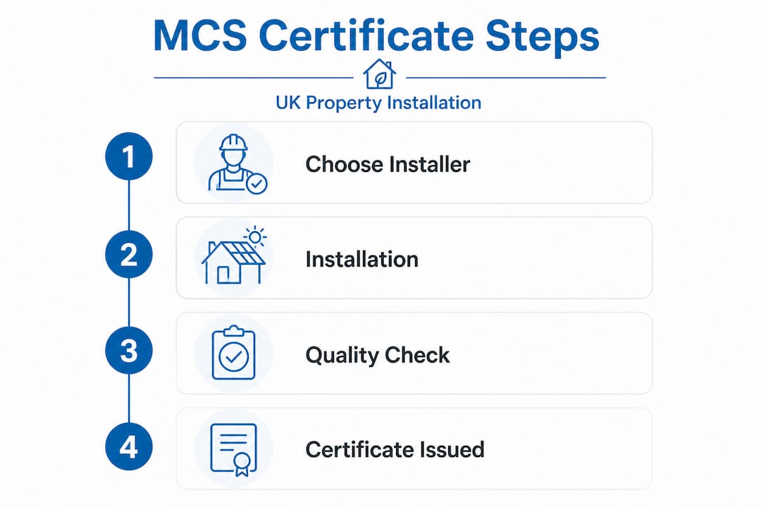 Vertical flow infographic showing MCS certificate process steps