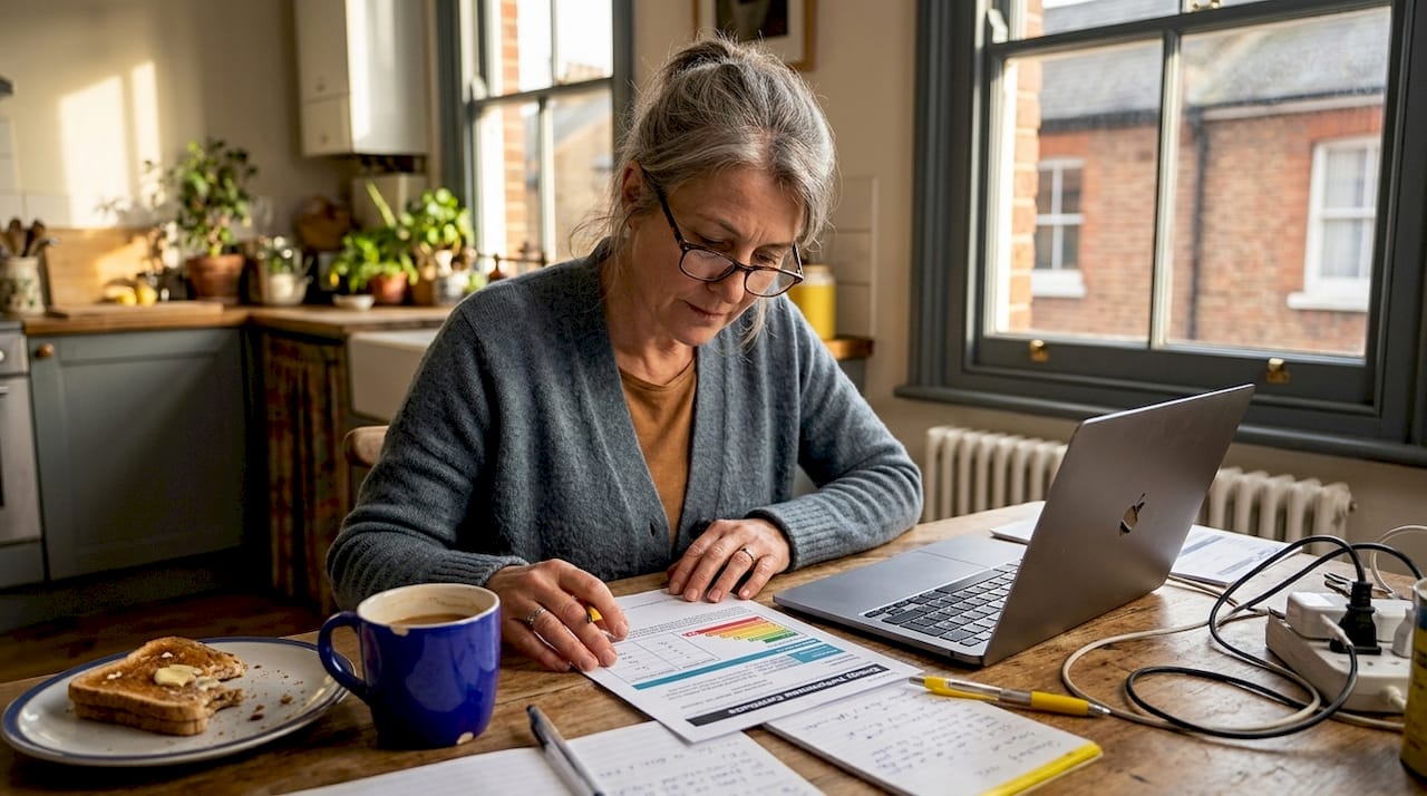 Landlord reviewing paper EPC certificate at kitchen table