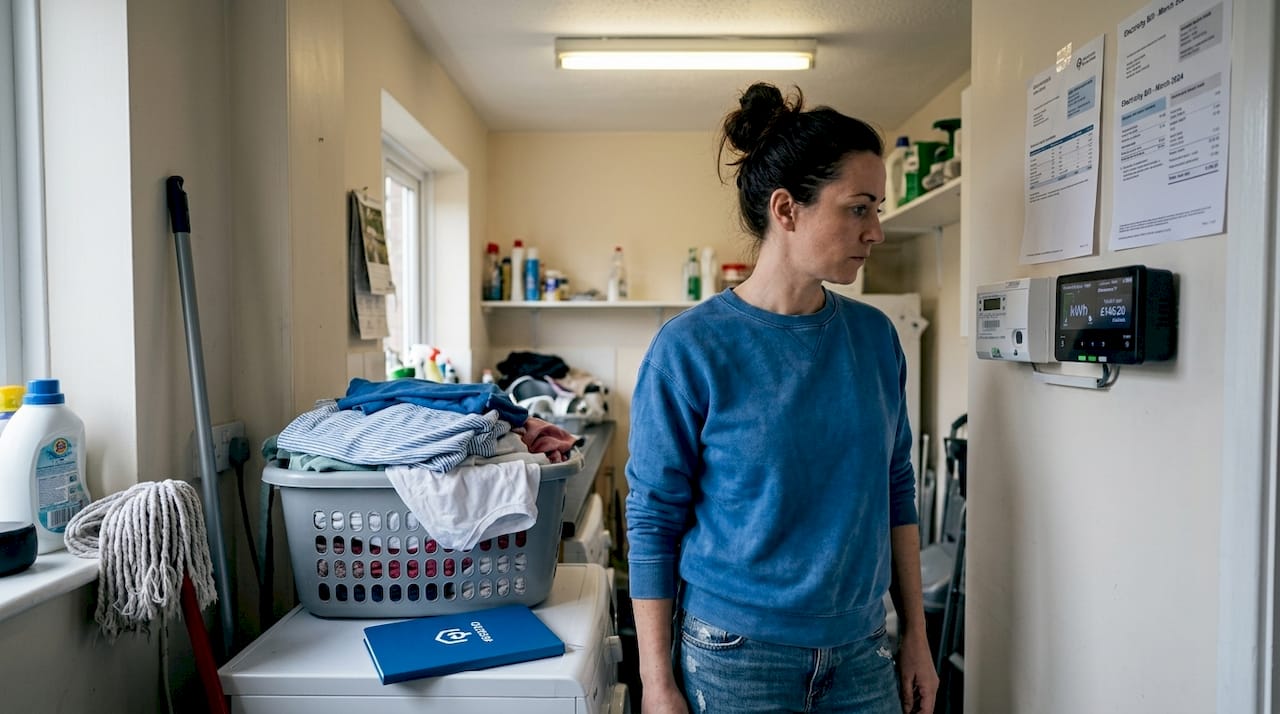 Woman checking digital smart meter in utility room