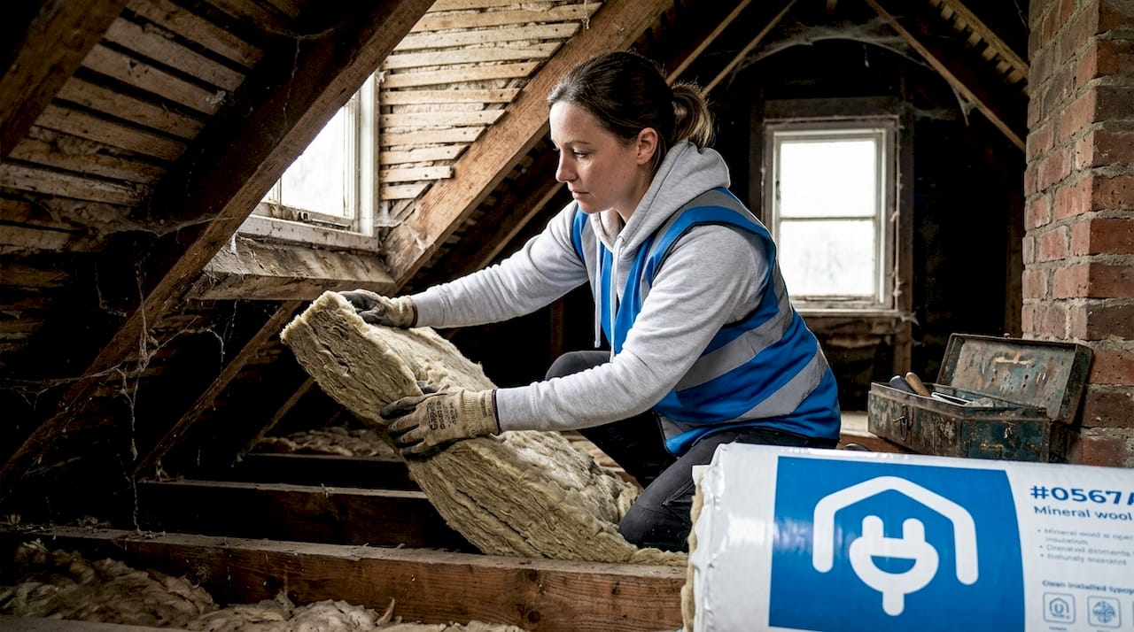 Contractor fitting insulation rolls in loft