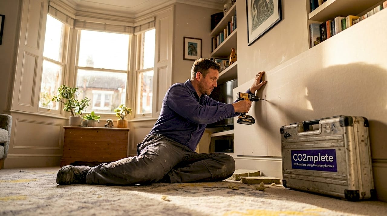 Installer fitting wall insulation in living room