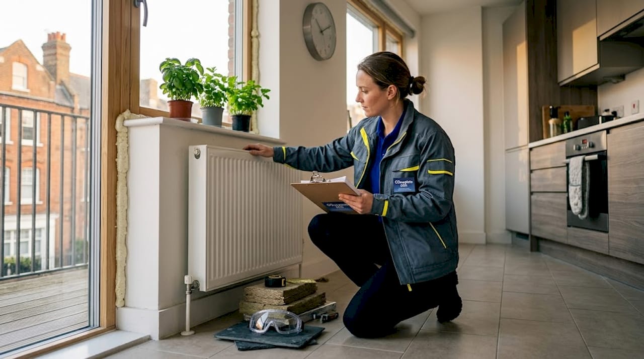 Manager inspecting insulation in rental flat
