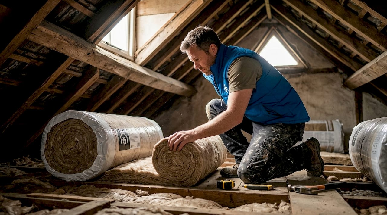 Contractor installing loft insulation in attic