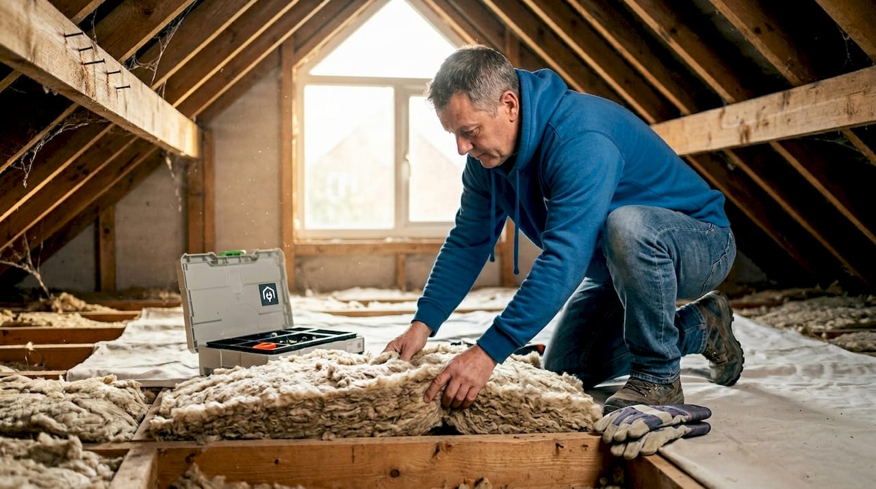 Tradesperson fitting insulation in UK loft