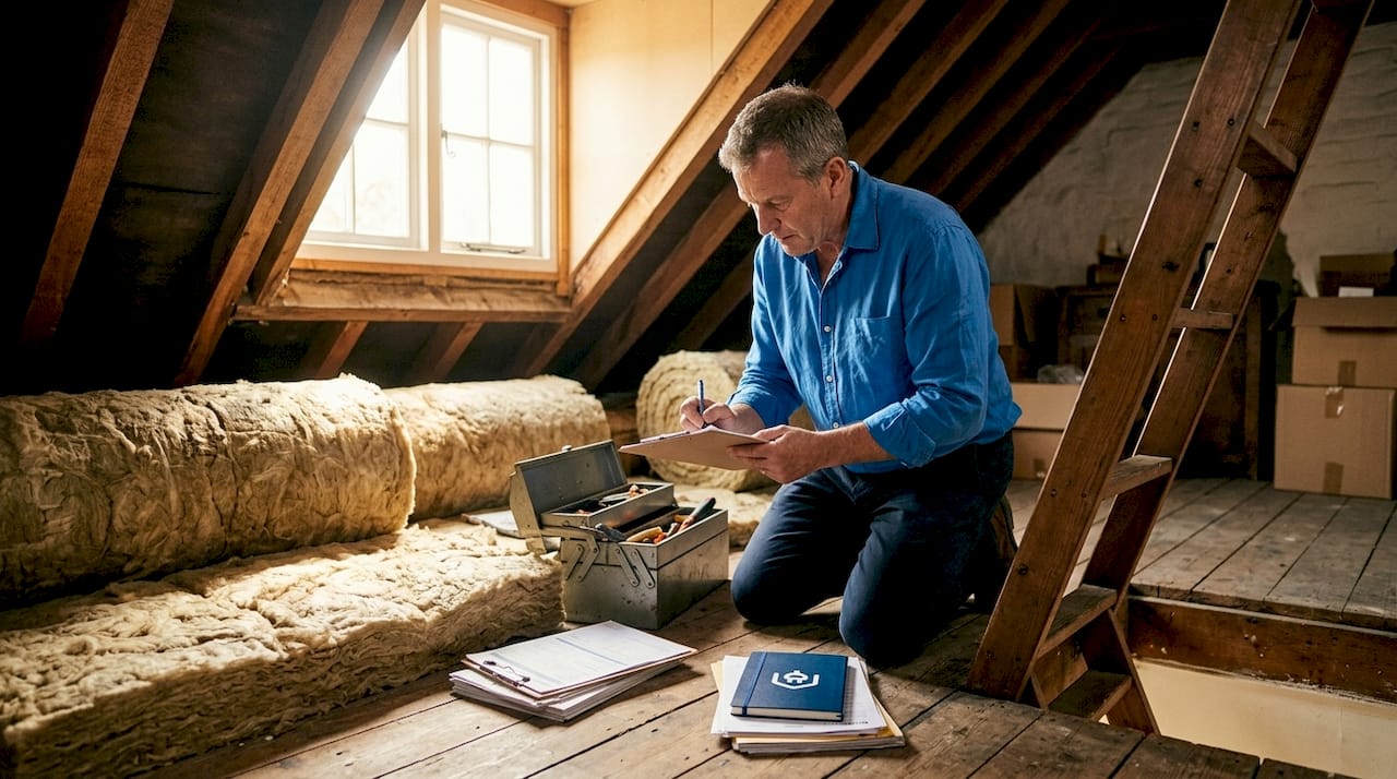 EPC assessor measuring loft insulation in home