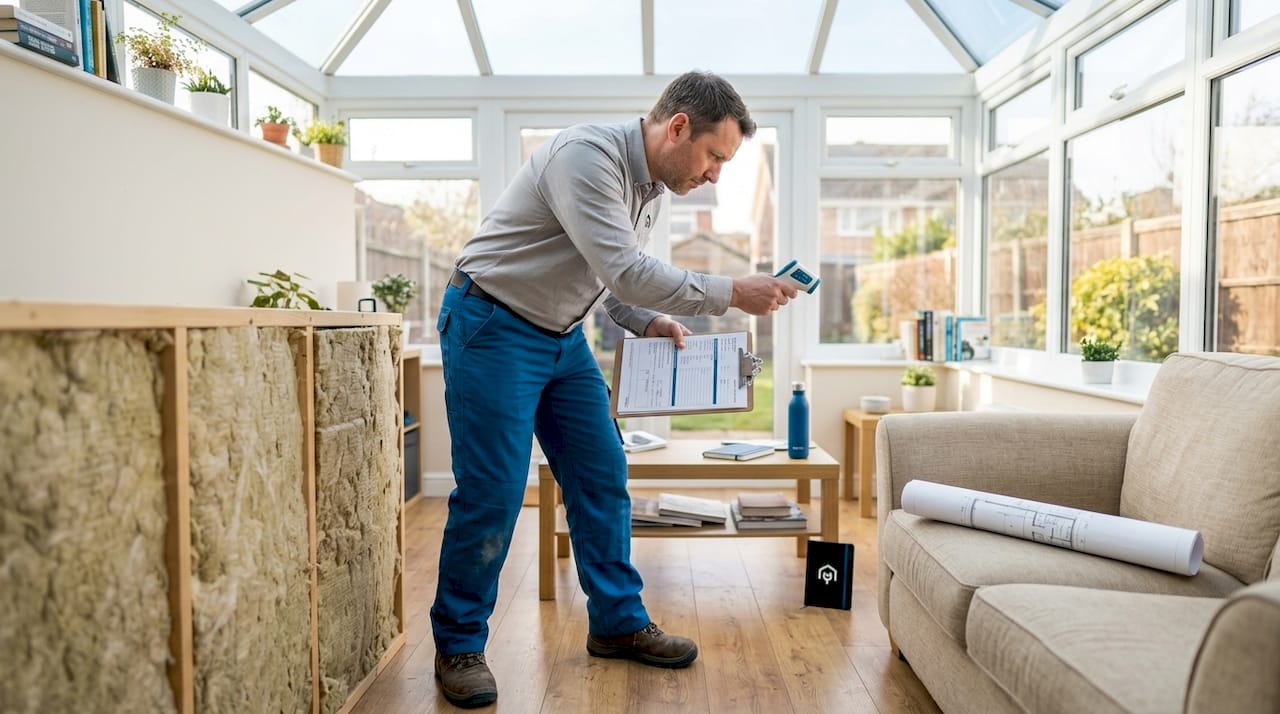 Energy assessor inspecting home insulation