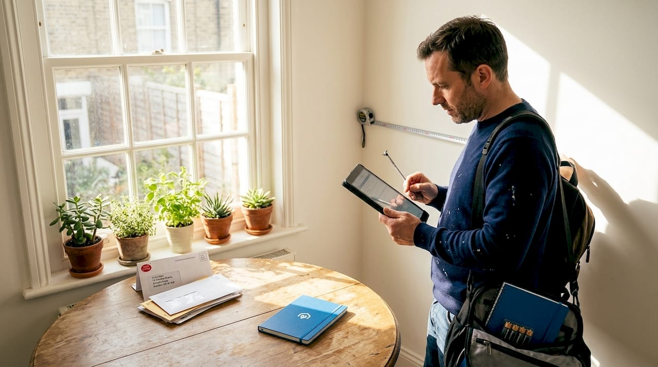 Assessor measuring property entryway dimensions