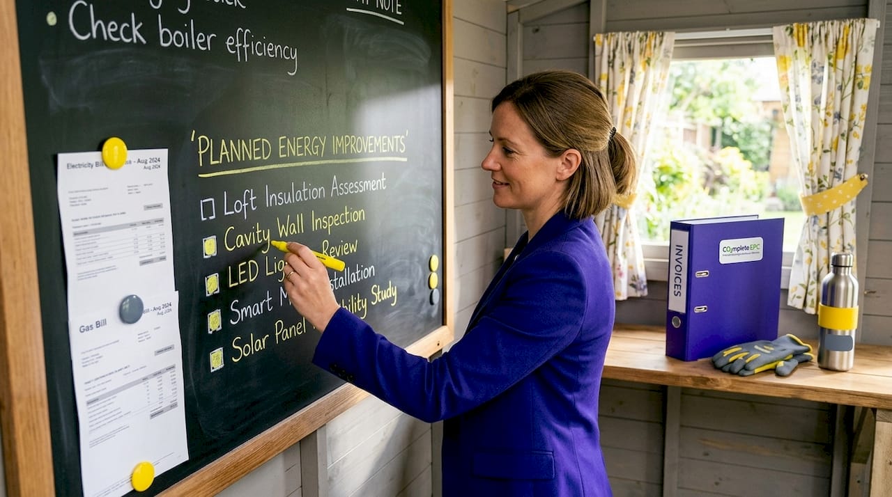 Property manager writes energy upgrade checklist in home office