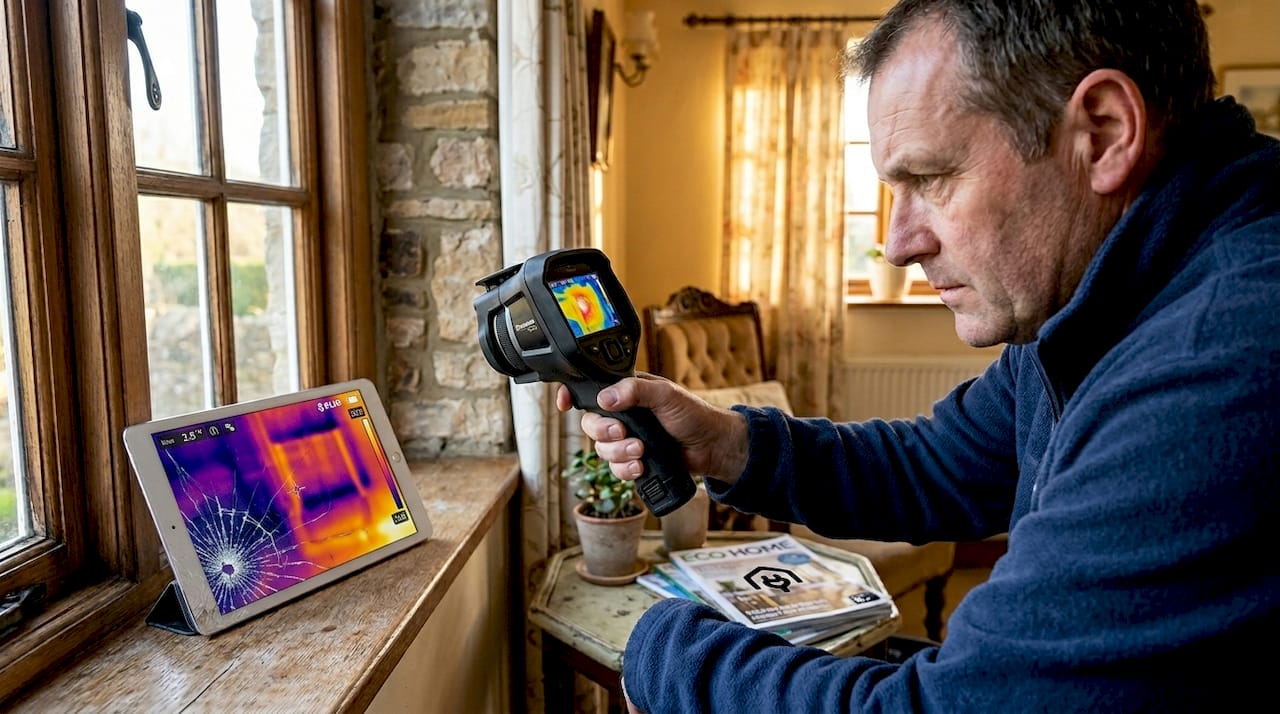 Technician scanning home window with thermal camera