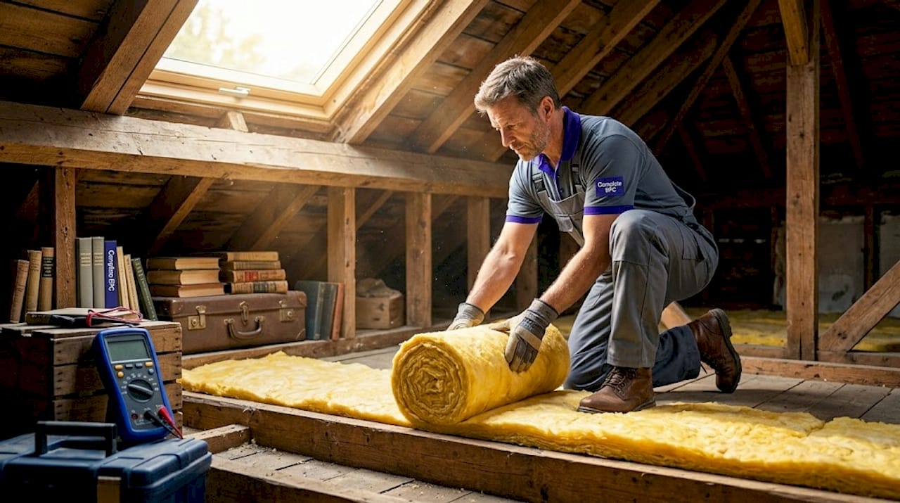 Technician installing loft insulation in attic