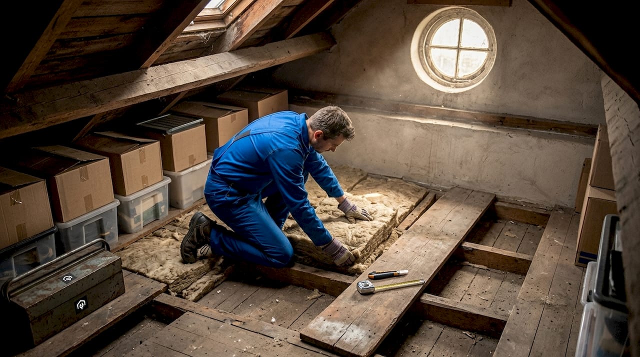 Worker fitting insulation into attic joists
