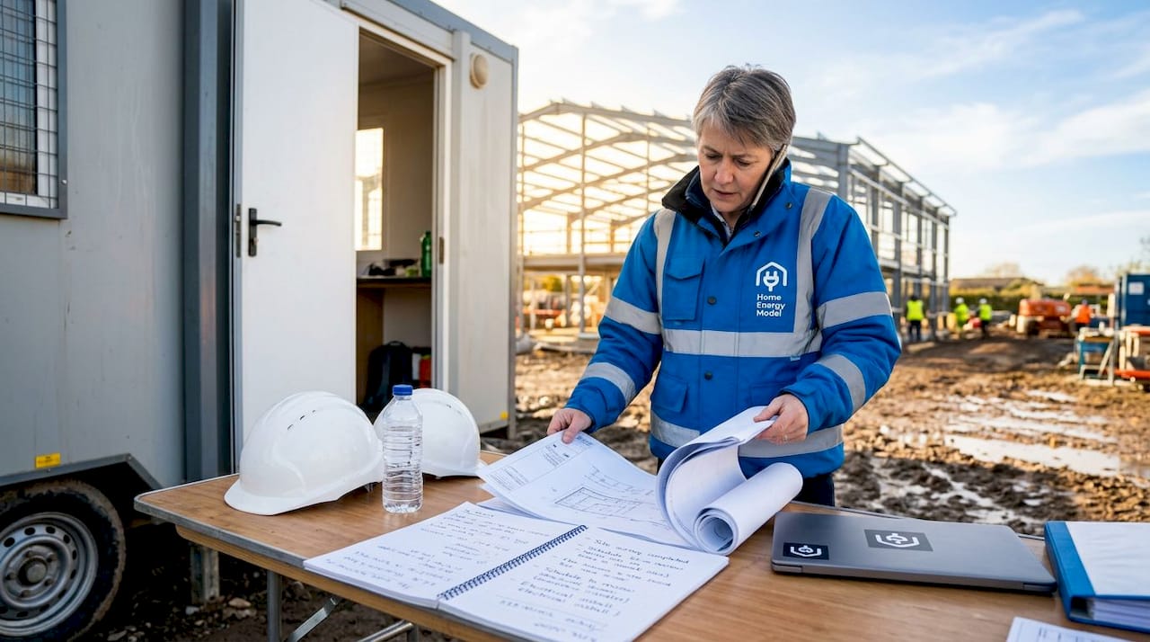 Construction manager reviews plans on building site