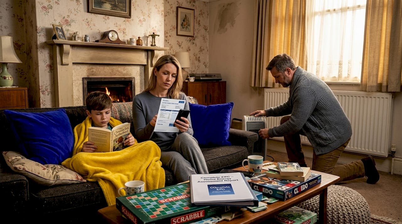 Family in chilly living room adjusting heater