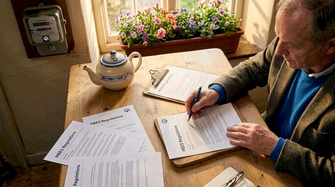 Landlord reviews MEES documents at kitchen table