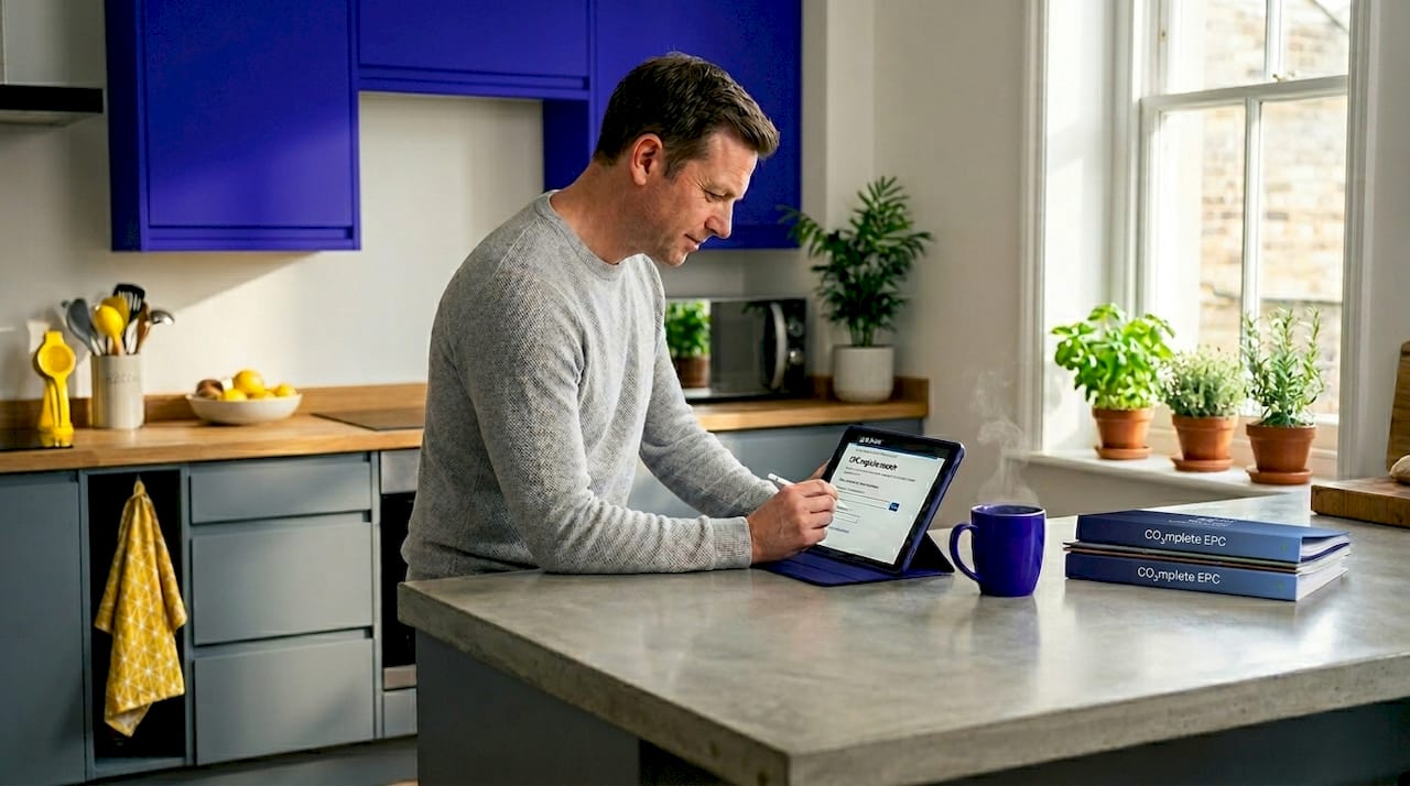 Landlord uses tablet to check EPC certificate